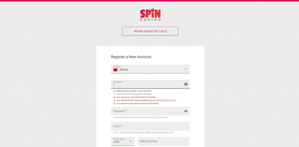 Spin Casino Registration page